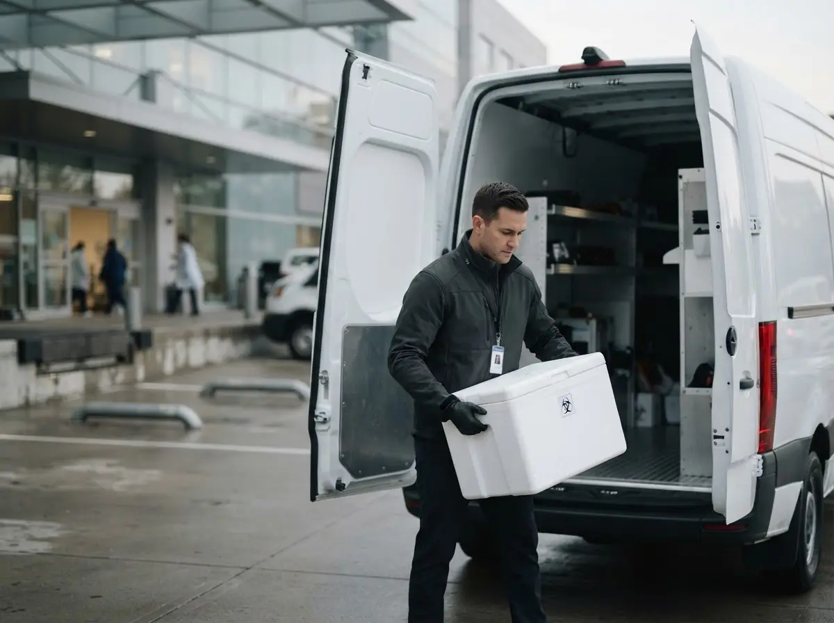A courier loading a sealed case into a van at the hospital