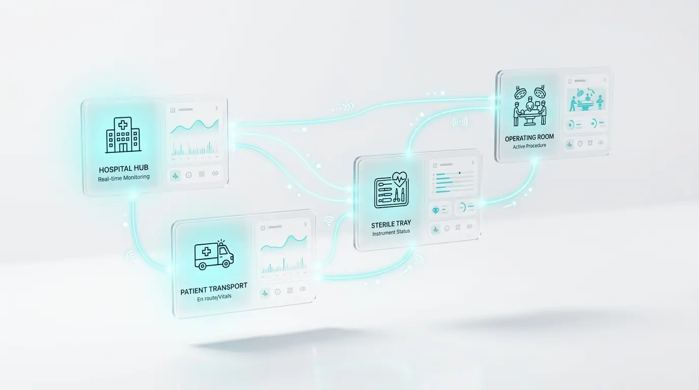Illustration of connected operations: hospital, sterile trays, transport and the operating room linked together