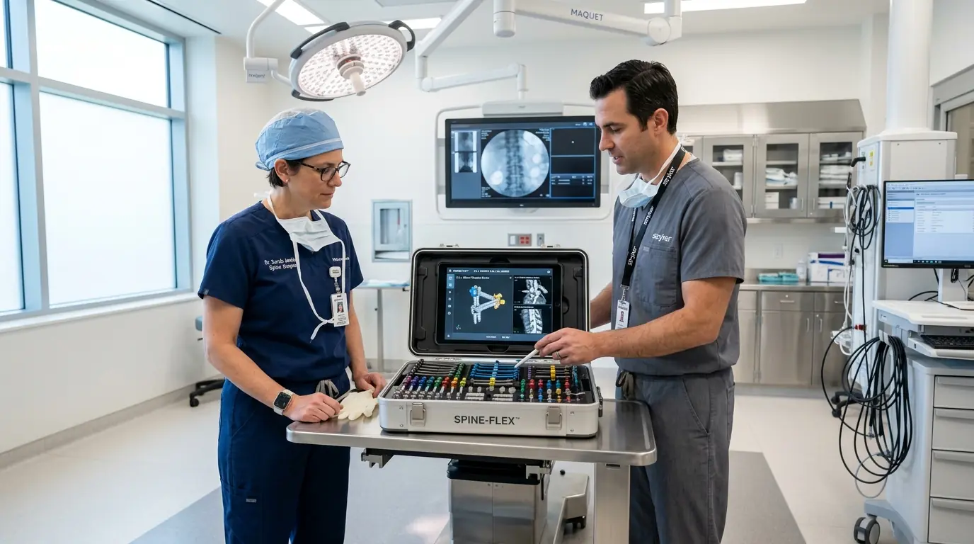 A rep and a surgeon reviewing an implant set in the OR