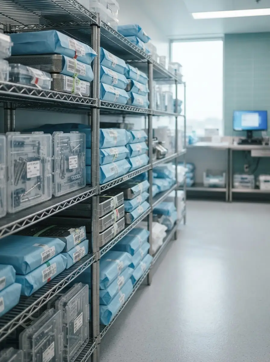 Sterile trays on warehouse shelving