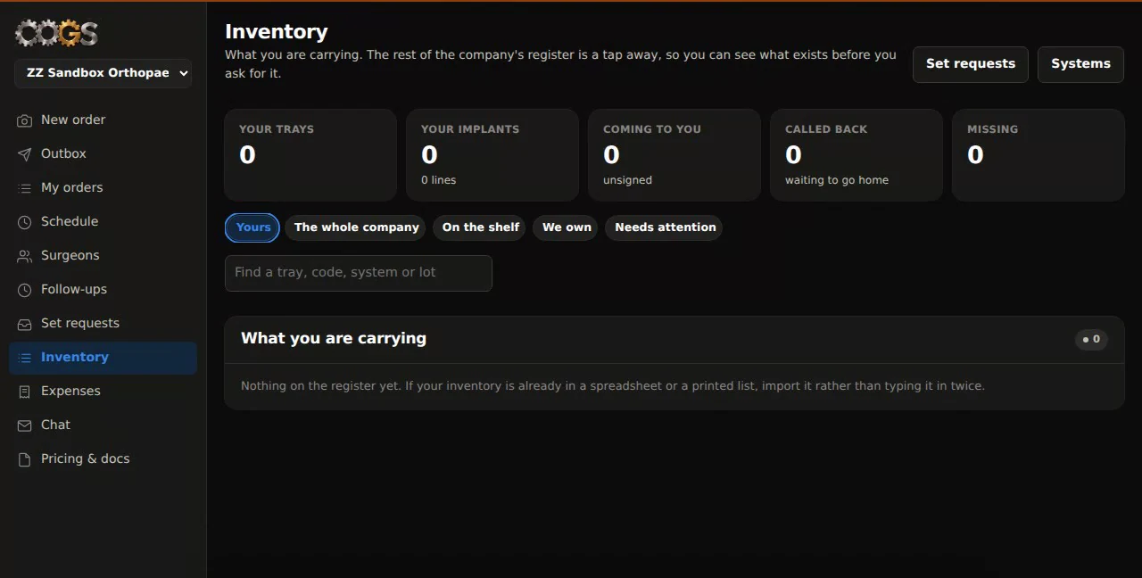 The C-O-G-S inventory screen: your trays, implants, coming to you, called back and missing