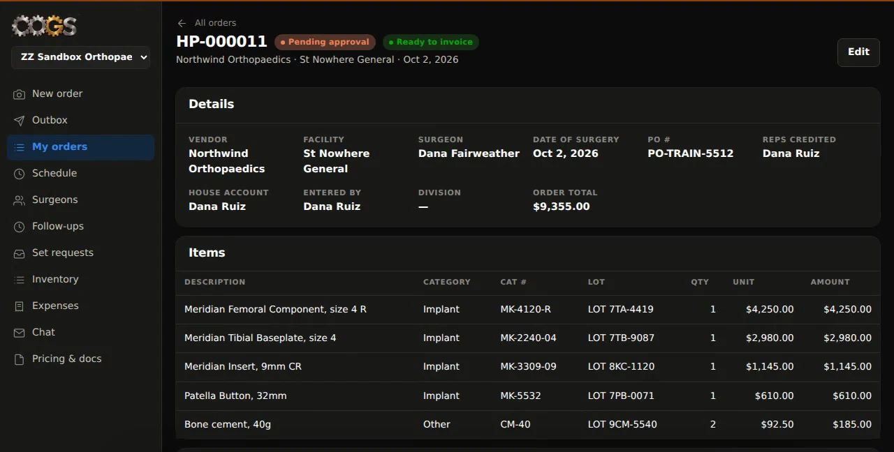 An order in C-O-G-S with vendor, facility, surgeon, PO, reps credited and every implant line with lot numbers