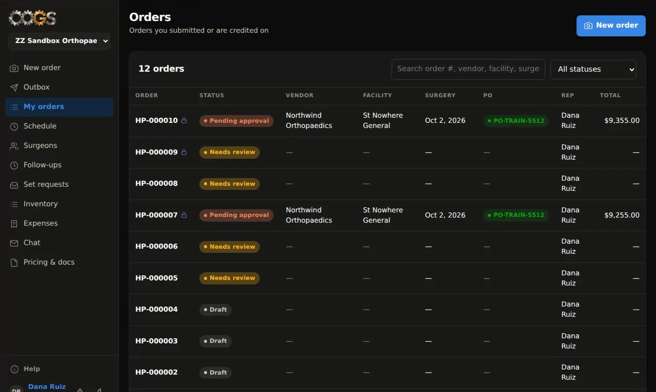 The C-O-G-S orders list: every order with its status, vendor, facility, surgery date, PO and total